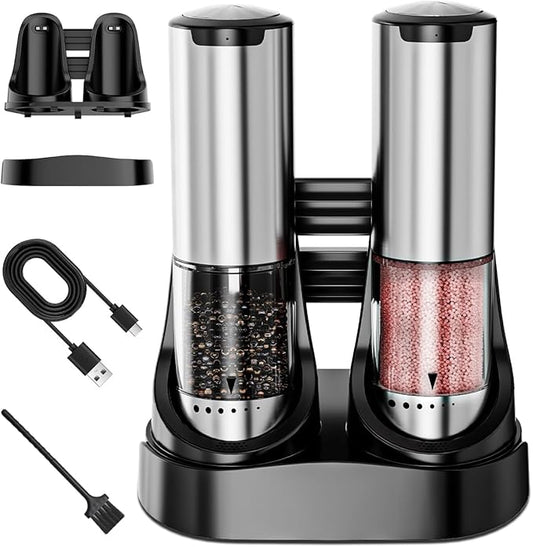 Electric Salt and Pepper Grinder Set - 6 Adjustable Coarseness, One-Handed Operation Design - Automatic Salt and Pepper Shakers with Rechargeable Base, Larger Capacity - for Kitchen, BBQ, Gift