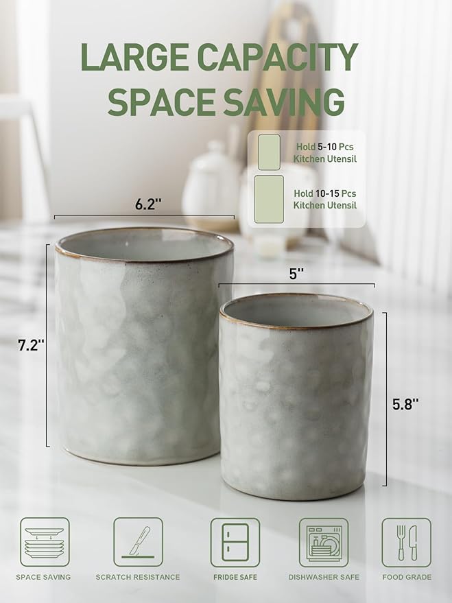 famiware Ocean Utensil Holder, 7.2"+5.8" Ceramic Kitchen Utensil Holder for Countertop, 2 Pieces Cooking Utensil Crocks, Utensil Organizer for Spatula & Spoon, Kitchen Decor, Set of 2, Gray - Image 5