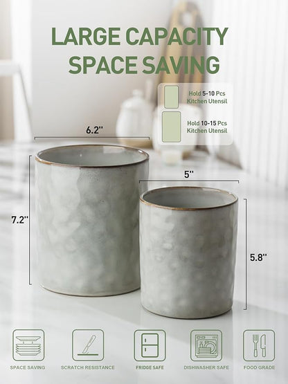 famiware Ocean Utensil Holder, 7.2"+5.8" Ceramic Kitchen Utensil Holder for Countertop, 2 Pieces Cooking Utensil Crocks, Utensil Organizer for Spatula & Spoon, Kitchen Decor, Set of 2, Gray - Image 5