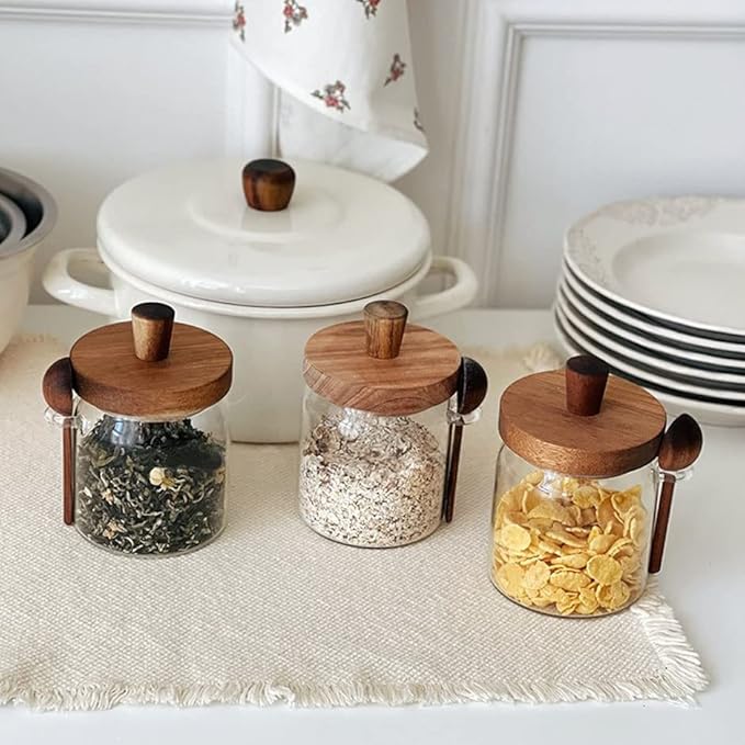 Set of 3 Glass Jars Containers with Wooden Lids and Scoop Clear Canister Jars Set with Spoon for Kitchen Food Storage Coffee Tea Sugar Decorative Countertop Organization Jars 31 oz (3) - Image 8