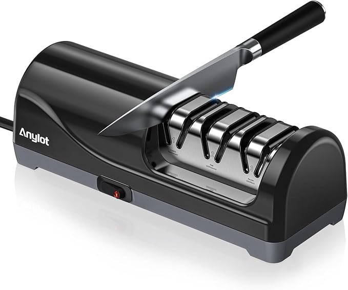 Electric Knife Sharpener for Kitchen, 3-Stage Knife Sharpener Electric with 100% Diamond Abrasives, 20° Precision Angle Guide, Fast & Safe Sharpening for Chef Knives, Home Use & Beginners (Black) by Anylot