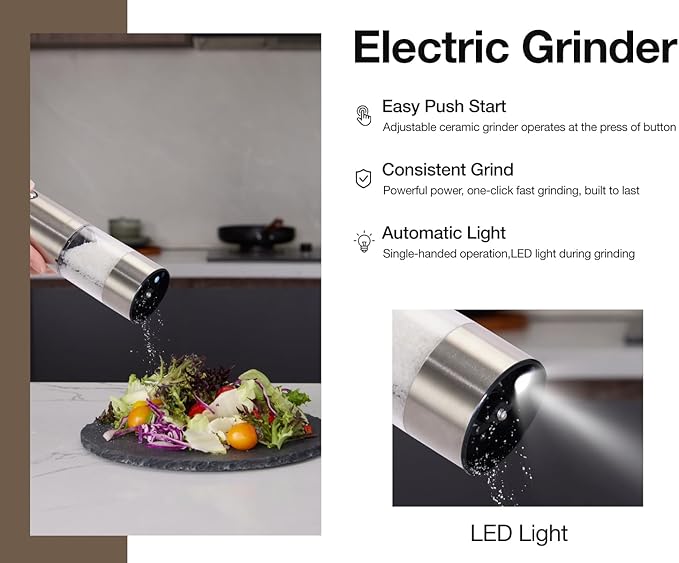 Electric Salt and Pepper Grinder Set, USB Rechargeable Automatic Pepper Mill, Large Capacity with Dual LED Light, One-Handed Operation, Slide Cover, Brushed Stainless Steel - Image 2