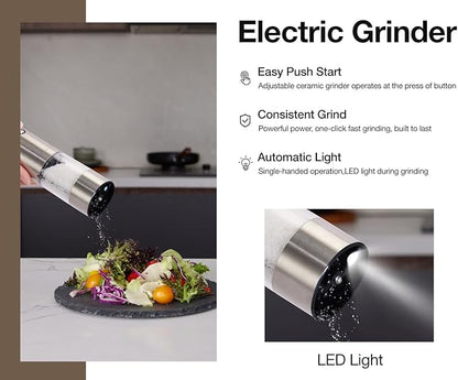Electric Salt and Pepper Grinder Set, USB Rechargeable Automatic Pepper Mill, Large Capacity with Dual LED Light, One-Handed Operation, Slide Cover, Brushed Stainless Steel - Image 2