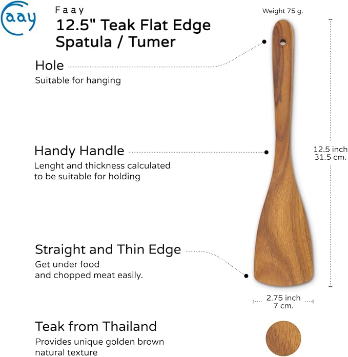 FAAY Teak Wooden Turner, Saute Paddle, Spatula, Compact - XL Size, Healthy and High Moist Resistance for Non Stick Cookware (12 Inch Flat Edge Spatula) - Image 3