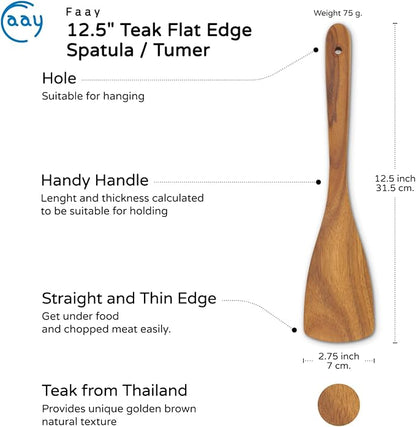 FAAY Teak Wooden Turner, Saute Paddle, Spatula, Compact - XL Size, Healthy and High Moist Resistance for Non Stick Cookware (12 Inch Flat Edge Spatula) - Image 3