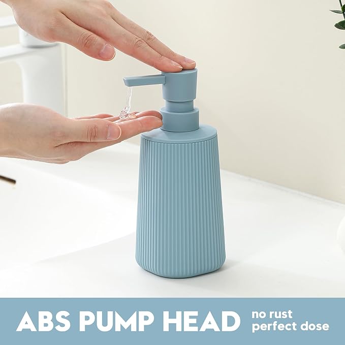 Small Soap Dispenser for Bathroom and Kitchen, Modern Farmhouse Striped Style Plastic Hand Soap Dish Soap Dispenser with Pump Light Blue - Image 4
