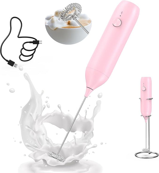 CIRCLE JOY Milk Frother Handheld Rechargeable Milk Foamer Electric Mini Drink Mixer with Stainless Steel Whisk for Coffee, Cappuccino, Lattes, Frappe, Matcha and Hot Chocolate, Pink by CIRCLEJOY