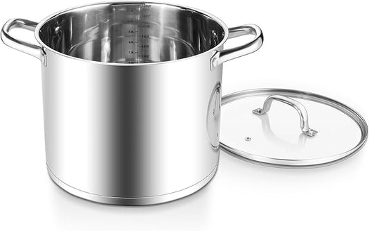 E-far 12 Quart Cooking Stock Pot, Large Stainless Steel Pot for Canning Simmering Stewing, Heavy Duty Cookware with Tri-ply Base for Induction Gas Stoves, Soup Pots with Glass Lid, Dishwasher Safe by E-far