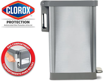 Glad Slim Trash Can with Clorox Odor Protection - Narrow Kitchen Garbage Bin with Soft Close Lid, Step On Foot Pedal and Waste Bag Roll Holder, All Stainless, 12 Gallon/45 Liter - Image 2