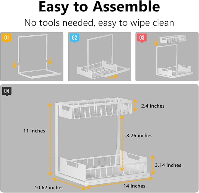 Ceetug Under Kitchen Sink Organizers and Storage Pull Out 2 Tier Metal Bathroom Cabinet Organizer (White, 1 Pack) - Image 2