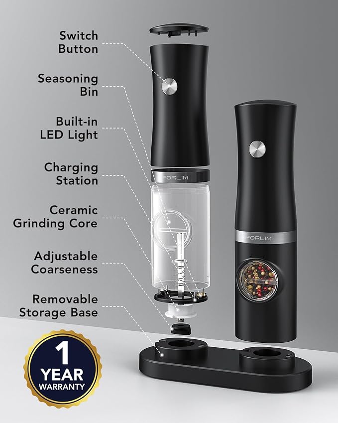 FORLIM Rechargeable Electric Salt and Pepper Grinder Set with Charging Base, Automatic Pepper Mill, Adjustable Coarseness, White LED Light, USB Type-C Cable, One Hand Operation, 2 Mills - Image 3