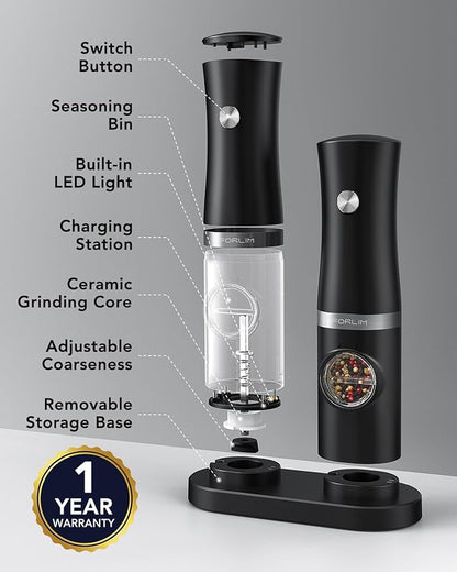 FORLIM Rechargeable Electric Salt and Pepper Grinder Set with Charging Base, Automatic Pepper Mill, Adjustable Coarseness, White LED Light, USB Type-C Cable, One Hand Operation, 2 Mills - Image 3