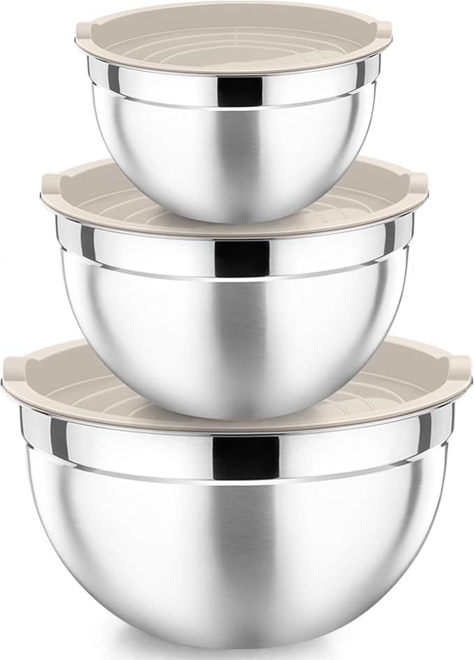 P&P CHEF Khaki Mixing Bowls with Lids, Set of 3, Stainless Steel Salad Nesting Bowl for Mixing, Storing, Prepping, Airtight & Stackable, Size 4.6/3 /1.5 QT by PPCHEF