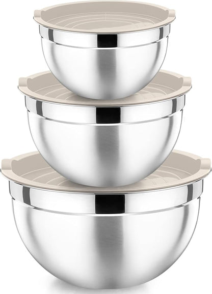 P&P CHEF Khaki Mixing Bowls with Lids, Set of 3, Stainless Steel Salad Nesting Bowl for Mixing, Storing, Prepping, Airtight & Stackable, Size 4.6/3 /1.5 QT by PPCHEF