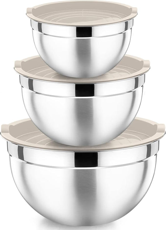 P&P CHEF Khaki Mixing Bowls with Lids, Set of 3, Stainless Steel Salad Nesting Bowl for Mixing, Storing, Prepping, Airtight & Stackable, Size 4.6/3 /1.5 QT by PPCHEF