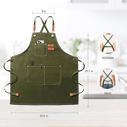 OUNLEN Chef Apron for Men Women Canvas Aprons with 3 Pockets Cross Back Resistant Work Apron for Cooking - Image 2
