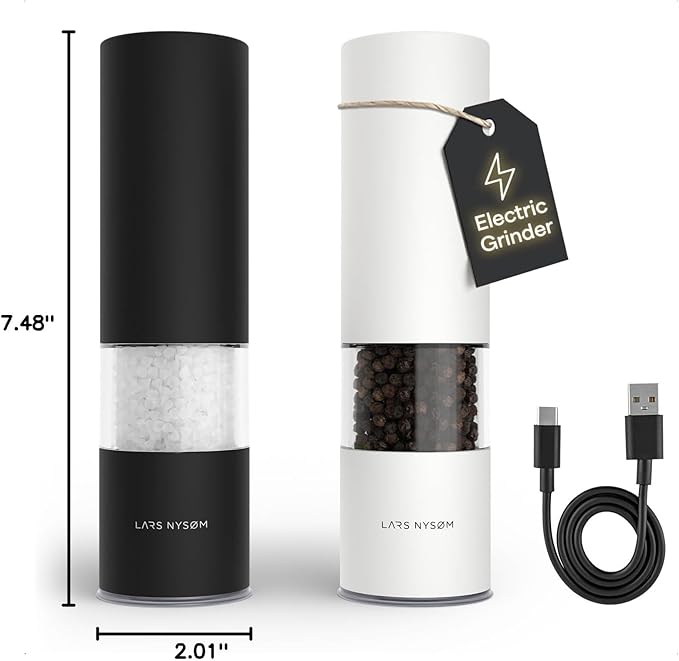 LARS NYSØM Electric Salt and Pepper Grinder Set I Automatic Salt and Pepper Mills with Adjustable Ceramic Grinder I USB Rechargeable Electric Spice Mill Set with LED Light (Black/White) - Image 8