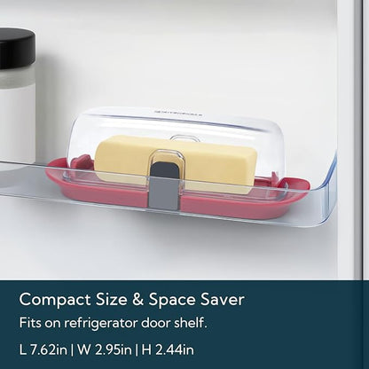KITCHENDAO One-handed Airtight Butter Dish with Lid for Countertop and Refrigerator Door Shelf, Butter Holder with One Press to Open/Close Secure Latching Buckle for West/East Coast Butter (Red)