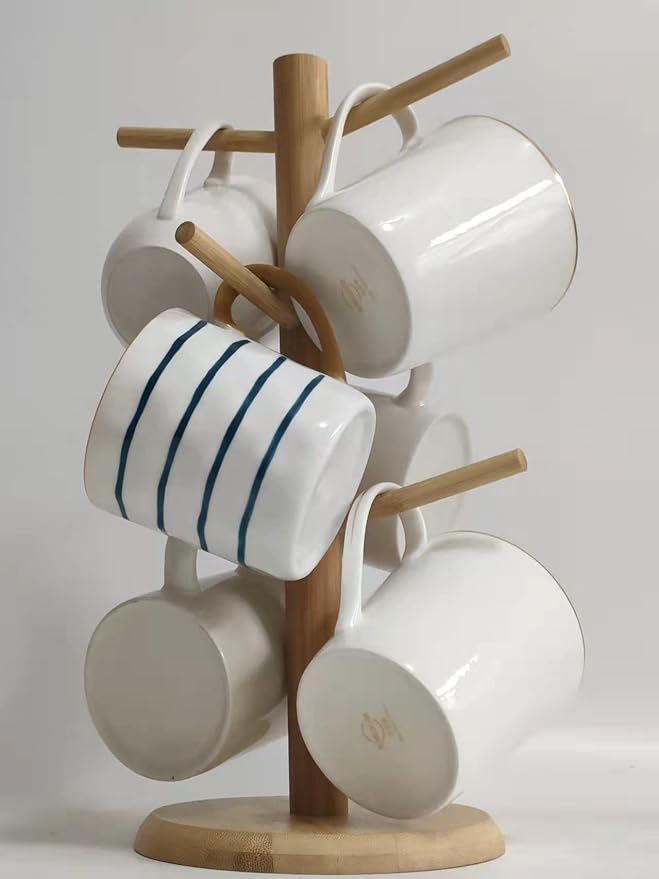 Dorhors Mug Tree,Coffee Cup Holder with 6 Hooks,Wood Mug Holder for Counter,Coffee Bar Accessories and Orgnizer station (Natural)
