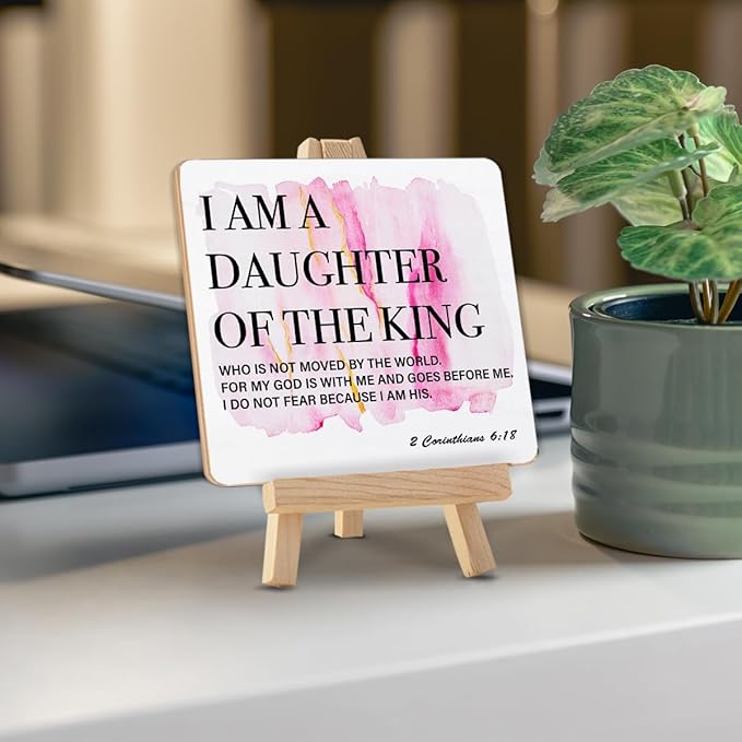 I Am the Daughter of a King Sign, Gifts for Daughter Christian Desk Decor, 2 Corinthians 6:18 Bible Verses Wood Sign with Easel Home Bedroom Girl Nursery Desk Shelf Tabletop Decor - Image 4