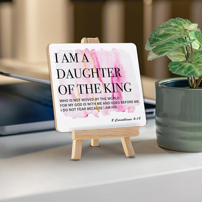 I Am the Daughter of a King Sign, Gifts for Daughter Christian Desk Decor, 2 Corinthians 6:18 Bible Verses Wood Sign with Easel Home Bedroom Girl Nursery Desk Shelf Tabletop Decor - Image 4