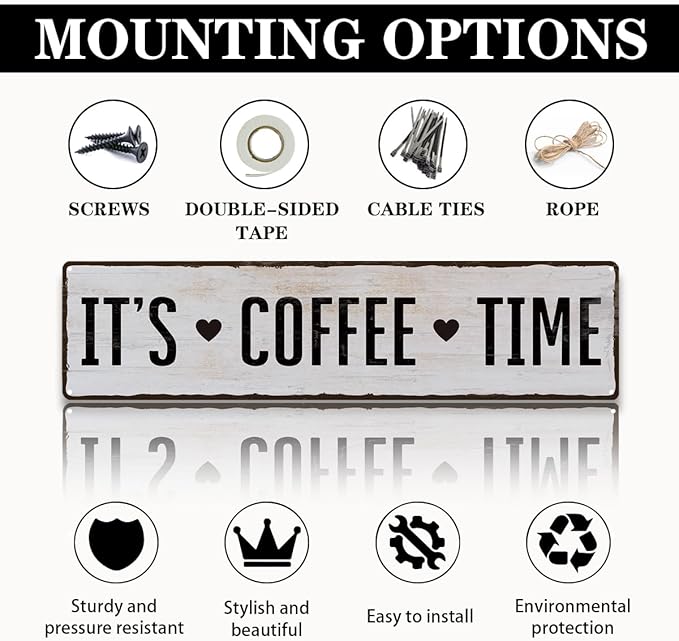 Coffee Metal Tin Sign, It's Coffee Time Sign, Home Kitchen Wall Decor, Farmhouse Decorations for Cafe, Coffees Station Decors, Decorative Metal Wall Signs 15.8x4 Inches - Image 3