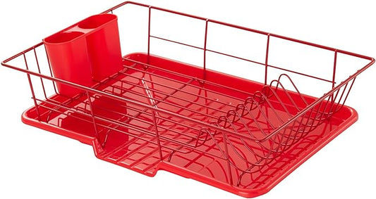 Sweet Home Collection Space-Saving 3-Piece Dish Drainer Rack Set: Efficient Kitchen Organizer for Quick Drying and Storage - Includes Cutlery Holder and Drainboard - Maximize Countertop Space, Red by SweetHomeCollection