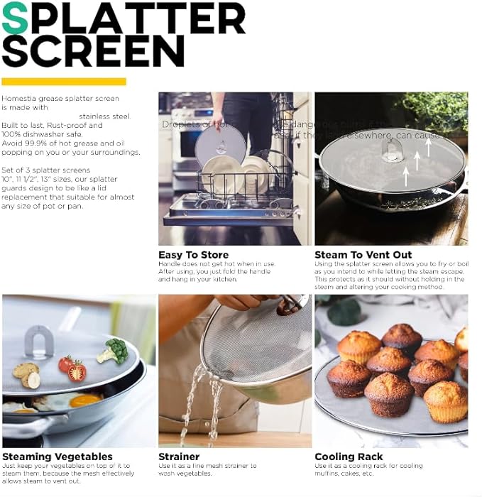 Homestia Splatter Screen for Kitchen, Stainless Steel Fine Mesh Splatter Screen for Frying Pan, 8" Grease Splatter Guard with Fold Flat Knob - Image 4