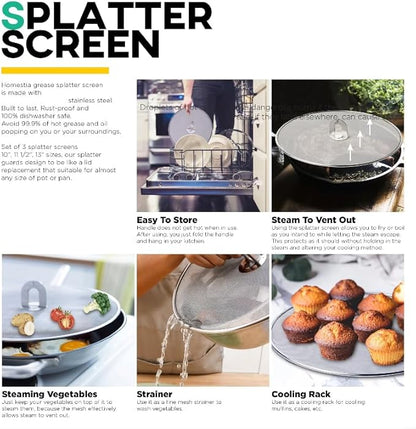 Homestia 11.5'' Splatter Screen for Cooking - Stainless Steel Grease Splatter Guard for Frying Pan, No Cooking Cover Oil Mess No Burns, Ultra Fine Mesh Lids for Sizzling Bacon or Popcorn - Image 3