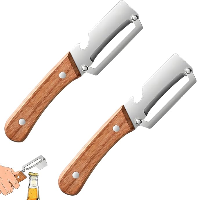 2 Pack Multifunctional Vegetable Peeler, Vegetable Peeler, Stainless Steel Peeler with Wooden Handle, 2-in-1 Kitchen Peeler with Bottle Opener, for Potato, Carrot, Fruit, Pumpkin, Papaya & More by Unknown