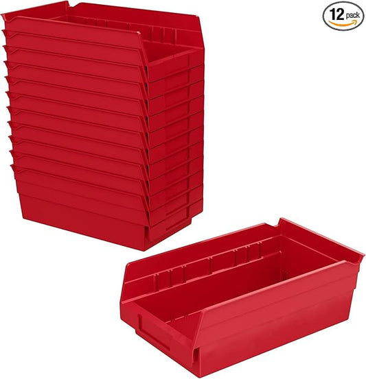 Akro-Mils 30130 Plastic Shelf Bins, Heavy Duty Storage Bins for Garage, Closet, and Drawer Organization, 12" x 6-1/2" x 4", Red, 12-Pack by Akro-Mils