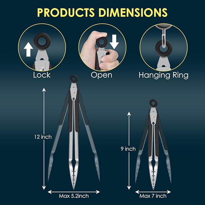Hotec Stainless Steel Kitchen Tongs, Set of 2-9" and 12", Locking Metal Food Tongs for Cooking, Serving, BBQ, Grill Non-Slip Grip - Image 6