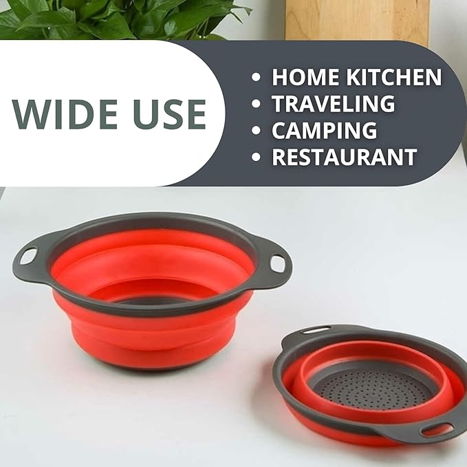 Red Round Silicone Collapsible Colander – Silicone Round Kitchen Strainers with Plastic Handles Foldable Kitchen Strainer Small Perfect for Draining Pasta Vegetable and Fruit - Image 4