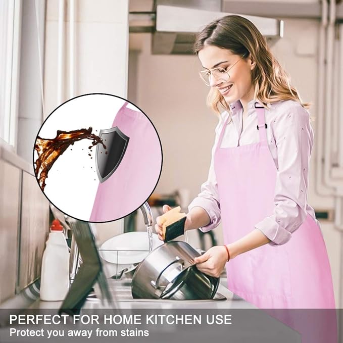 Jubatus 2 Pack Bib Aprons with 2 Pockets Cooking Chef Kitchen Apron for Women Men, Pink - Image 3
