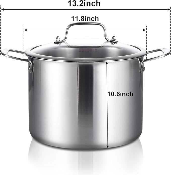 DELARLO Tri-ply Stainless Steel 20QT Stock Pot, Compatible with All Stoves Up to 600℉, 18/10 Induction Big Cooking Pot with Lid, Fast & Even Heating, Durable Large Soup Pot - Image 2