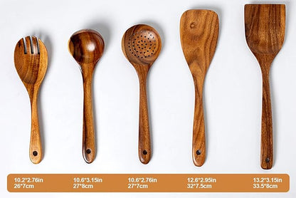 Wood Kitchen Utensils Set, 5 PCs Natural Acacia Wooden Spoons For Cooking for Non-stick Skillet, Utensil set For Cooking With Soup Ladle and Wok Spatulas, Salad fork, Spurtles for Cooking - Image 4