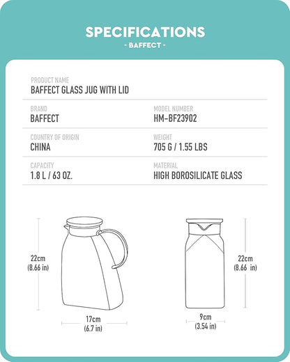 Baffect Water Pitcher, Glass Pitcher With Lid And Handle, 63 Oz / 1.8 L High Borosilicate Glass Jug For Fridge Door, Carafe For Hot/Cold Iced Tea Juice Coffee Milk Beverage （Glacier-Textured）