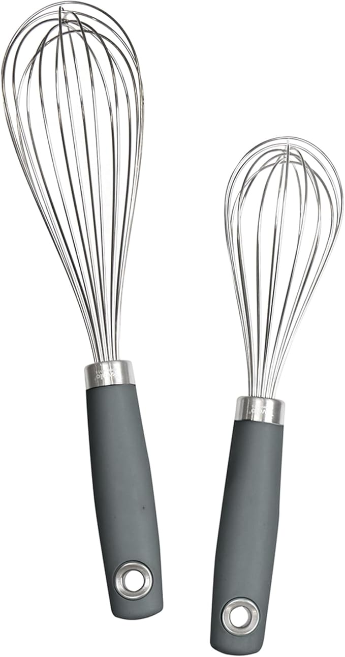 Tovolo Wire Whisk Set of 2 for Baking Cooking Mixing Whisking, 10" & 12" Inch Stainless Steel Wire Kitchen Whisk Set Balloon Design Sturdy Comfort Grip Handle BPA Free Dishwasher Safe, Charcoal Gray by Tovolo