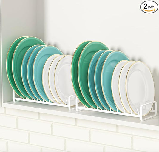 Plate Organizer for Cabinet (2-Pack),Kitchen Dish Rack Organizer for Cabinet Countertop Drawer Space Saver，8 Slots Vertical Plate Holder Storage Rack, Housewarming Kitchen Gifts for Women (White)