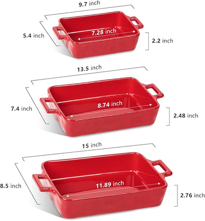 VICRAYS Ceramic Bakeware Set, Porcelain Rectangular Baking Dish, Baking Pan Lasagna Pans Casserole Dish Set for Cooking, Kitchen, Cake Dinner, Banquet and Daily Use, 3 PCS, 15 x 8.5 Inches (Red) - Image 4