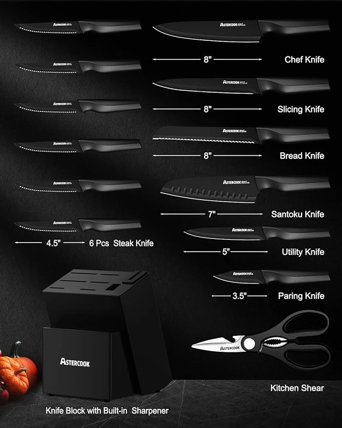 Astercook Knife Set, Kitchen Knife Set with Built-in Sharpener Block, Dishwasher Safe, 15 Pieces German Stainless Steel Knife Block Set, Black Mothers Day Gifts for Kitchen - Image 2