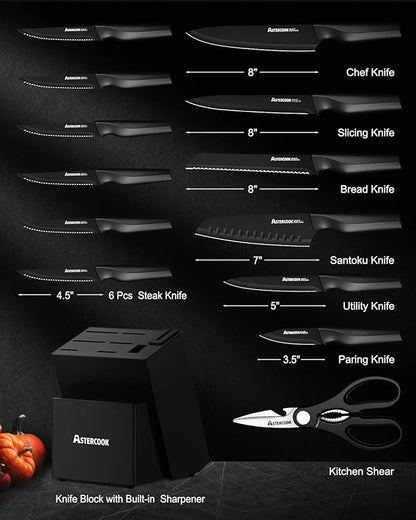 Astercook Knife Set, Kitchen Knife Set with Built-in Sharpener Block, Dishwasher Safe, 15 Pieces German Stainless Steel Knife Block Set, Black Mothers Day Gifts for Kitchen - Image 2