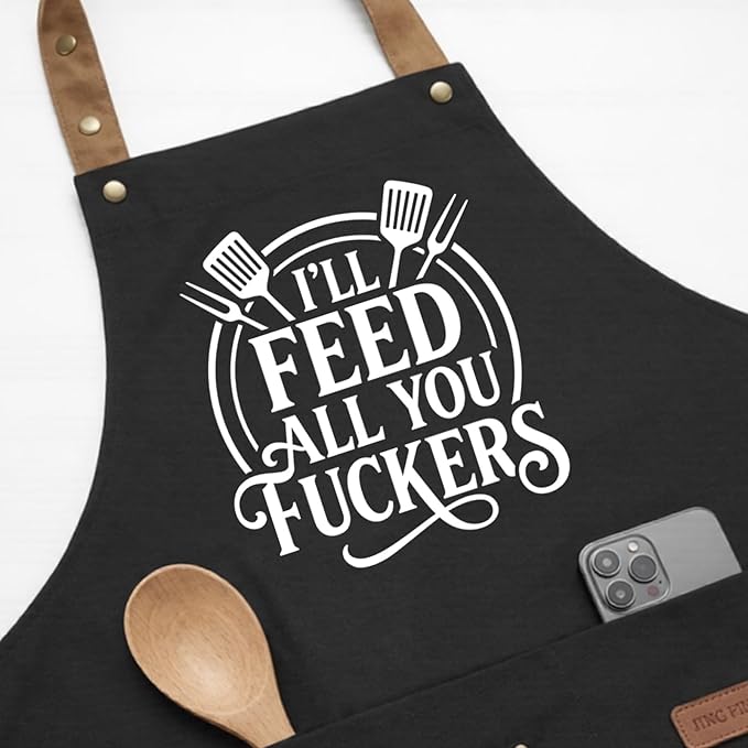 INNORU I'll Feed All You Fuckers Sign Apron with Pockets, Funny Cooking Baking Barbecue Apron Adjustable, Oilproof Ideal Kitchen Supplies