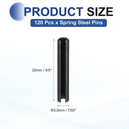 MECCANIXITY 120Pcs Slotted Split Roll Pins 7/50 Inch(3.5mm) Dia. 4/5 Inch(20mm) Length 65Mn Steel Spring Tension Expansion Dowels for Secure Fastening, Black