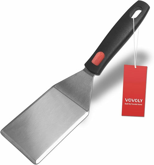 Small Spatula for Cast Iron Skillets, Full Tang silicone Handle, Heat Resistant, Commercial Grade Heavy Duty Turner, Press Burger Spatula Turner for Flipper, Cooking, Serving, 2.7" Wide by VOVOLY