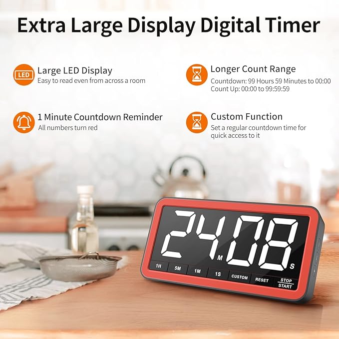 VOCOO Digital Kitchen Timer with 7.8” Extra Large Display, Magnetic LED, with 3 Brightness, 4 Alarms and 3 Volume Levels, Battery Powered Countdown Count Up Timer for Cooking, Classroom, Home Gym - Image 2