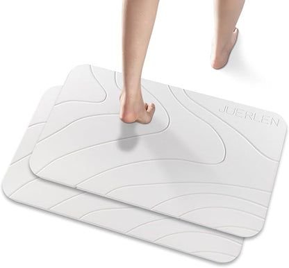 JUERLEN 2 Pack Diatomaceous Earth Shower Mat, Stone Bath Mat, Nonslip Super Absorbent Fast-Drying Hard Bath Mat for Bathroom Shower Floor, 24 x 16 inch, White Wave Design