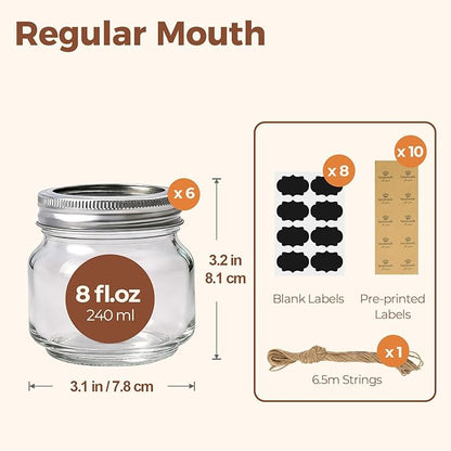 ComSaf 8 oz Regular Mouth Mason Jars,6Pcs Glass Jars for Home Cooks Making Jam and Jelly, and Crafters Creating DIY Candles and Party Favors, Canning Jar with Lids and Rings，Includes Labels & Twine - Image 2