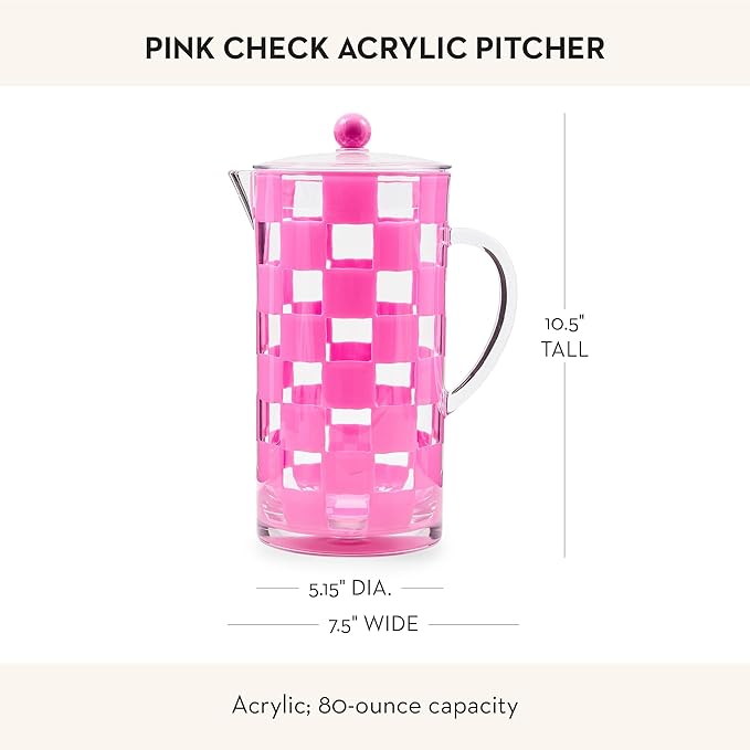 MACKENZIE-CHILDS Acrylic Pitcher with Spout for Water, Lemonade, and Farmhouse Home Decor, 2.5 Quarts, Pink Check - Image 4