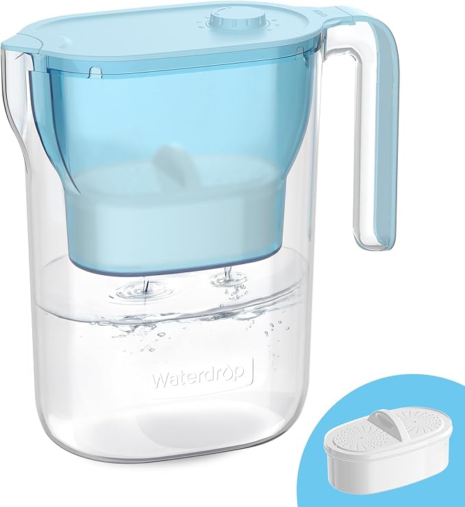 Waterdrop PT-05B-L Water Filter Pitcher, 7-Cup, NSF Certified, 200-Gallon Long-Life Filter Purifier, Reduces Chlorine and PFOA/PFOS, for Countertop, Replaces 6,400 Plastic Water Bottles a Year, Blue by Waterdrop